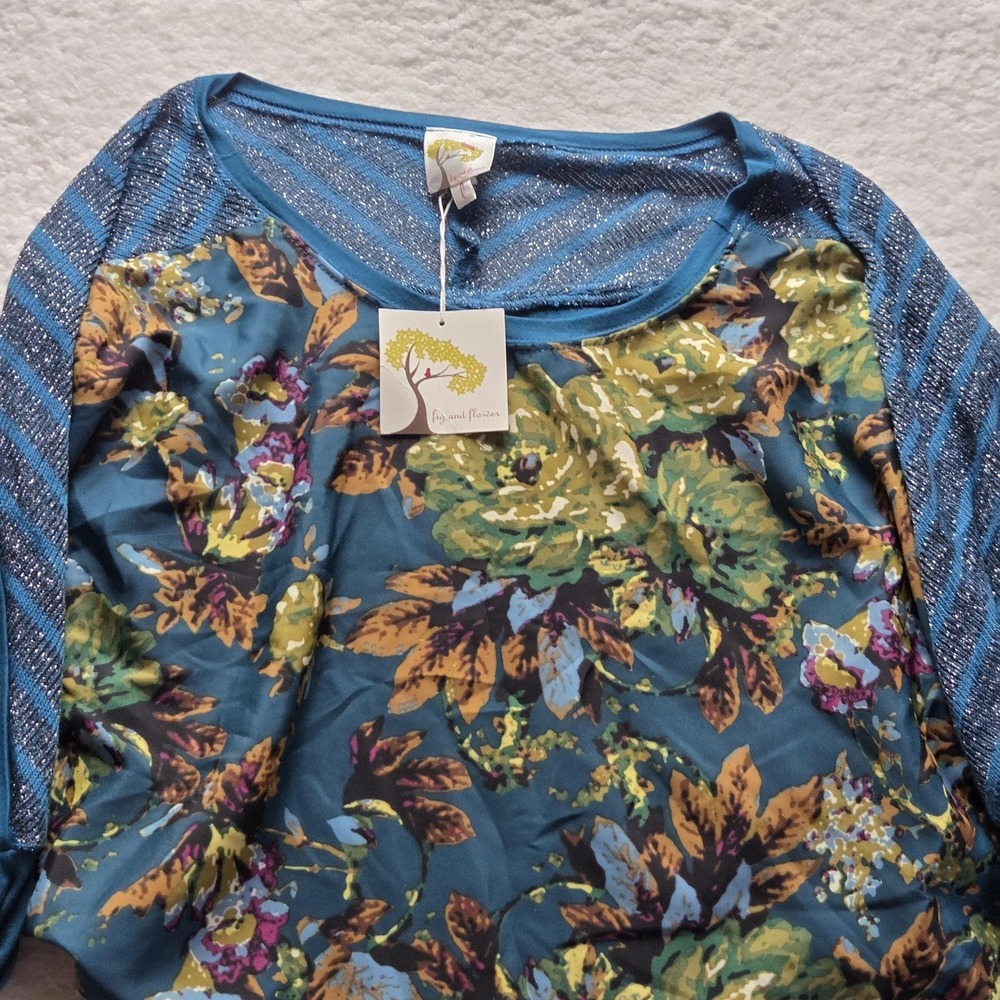 Fig And Flower Blouse Womens Large Multicolor Floral Scoop Neck Short Kimono Top